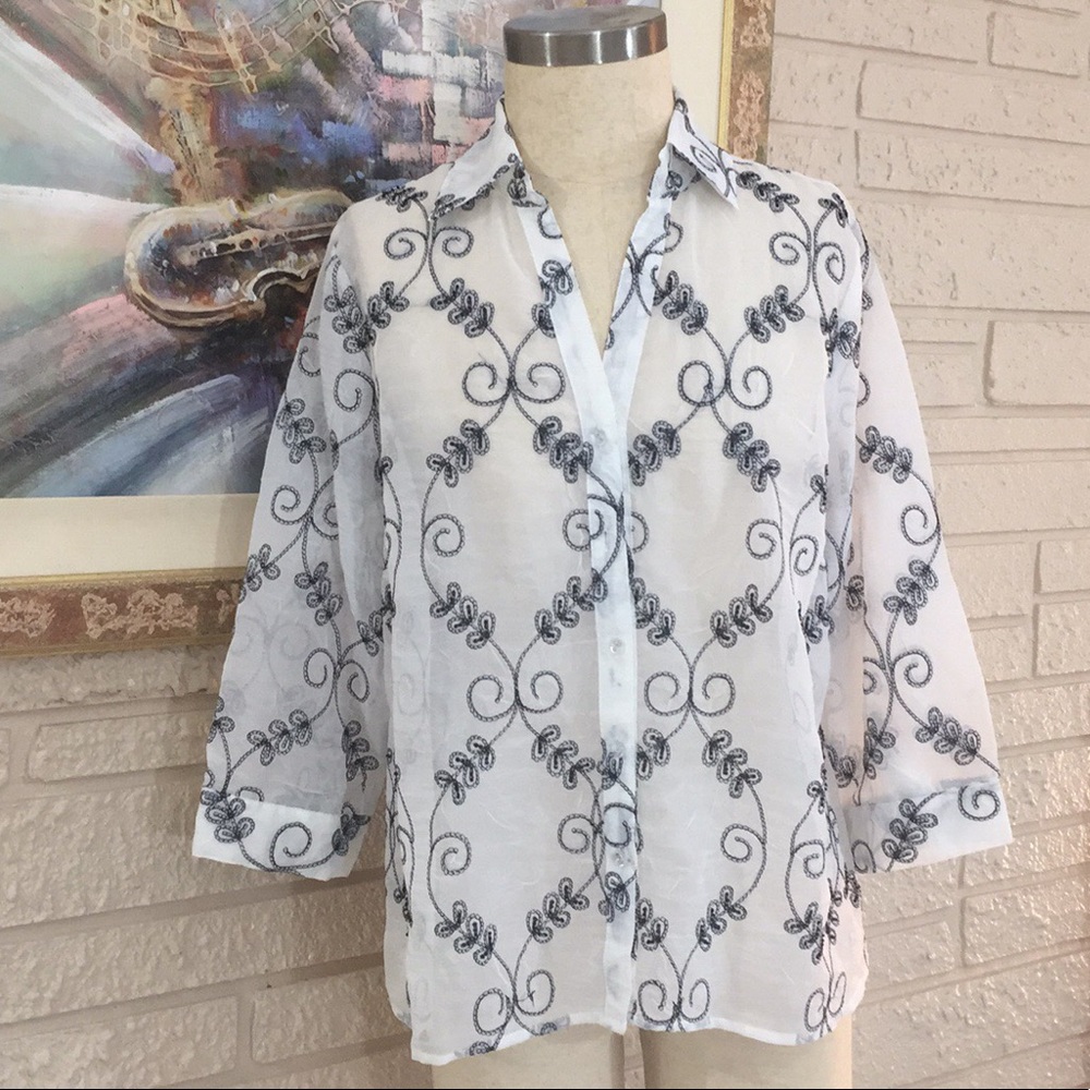 Karen Arnold Beaded Embroidered Crinkle Sheer Top
